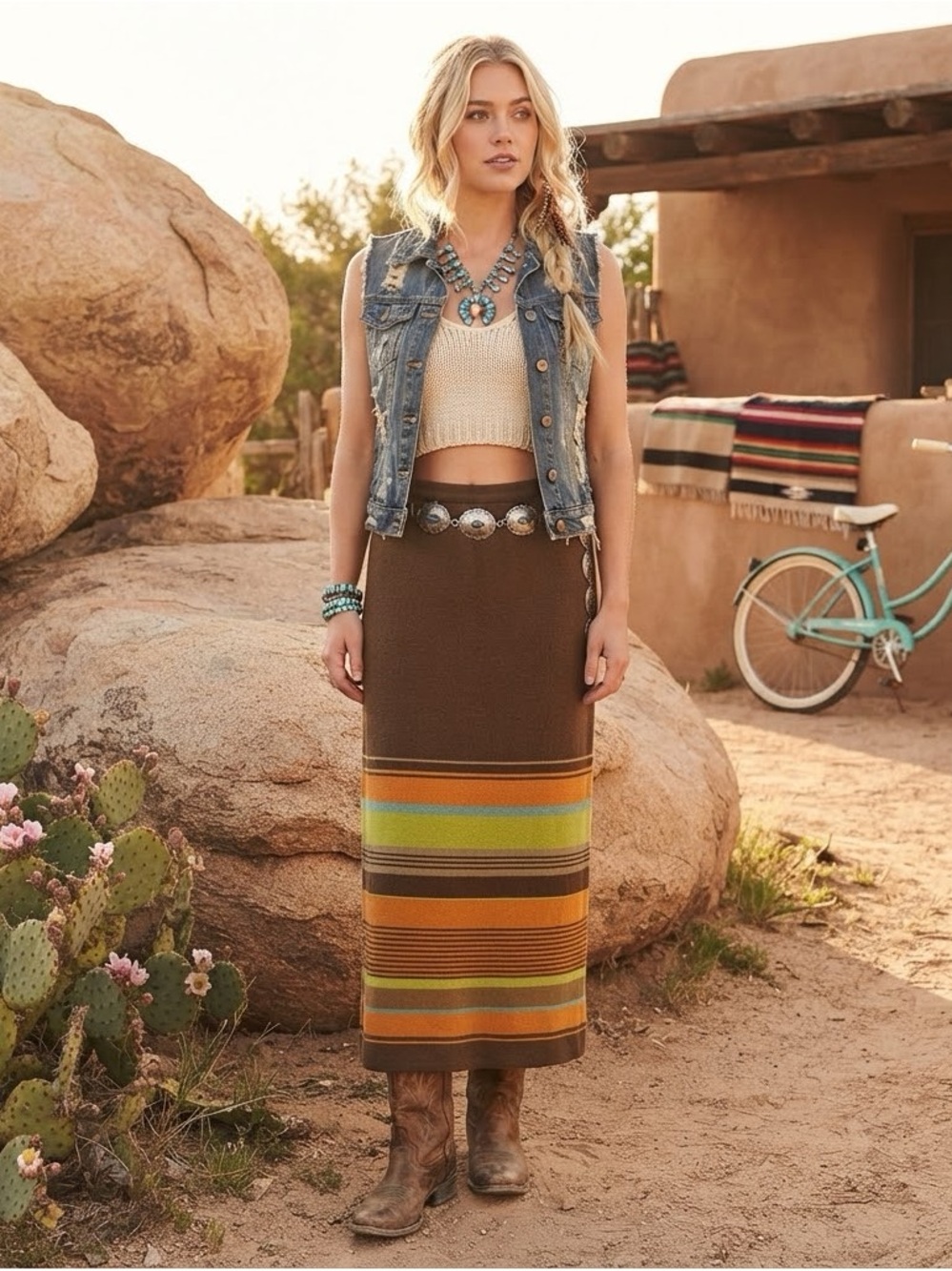 Double D Ranch Women’s M Linen Knit Brown Southwest Striped Maxi Skirt
